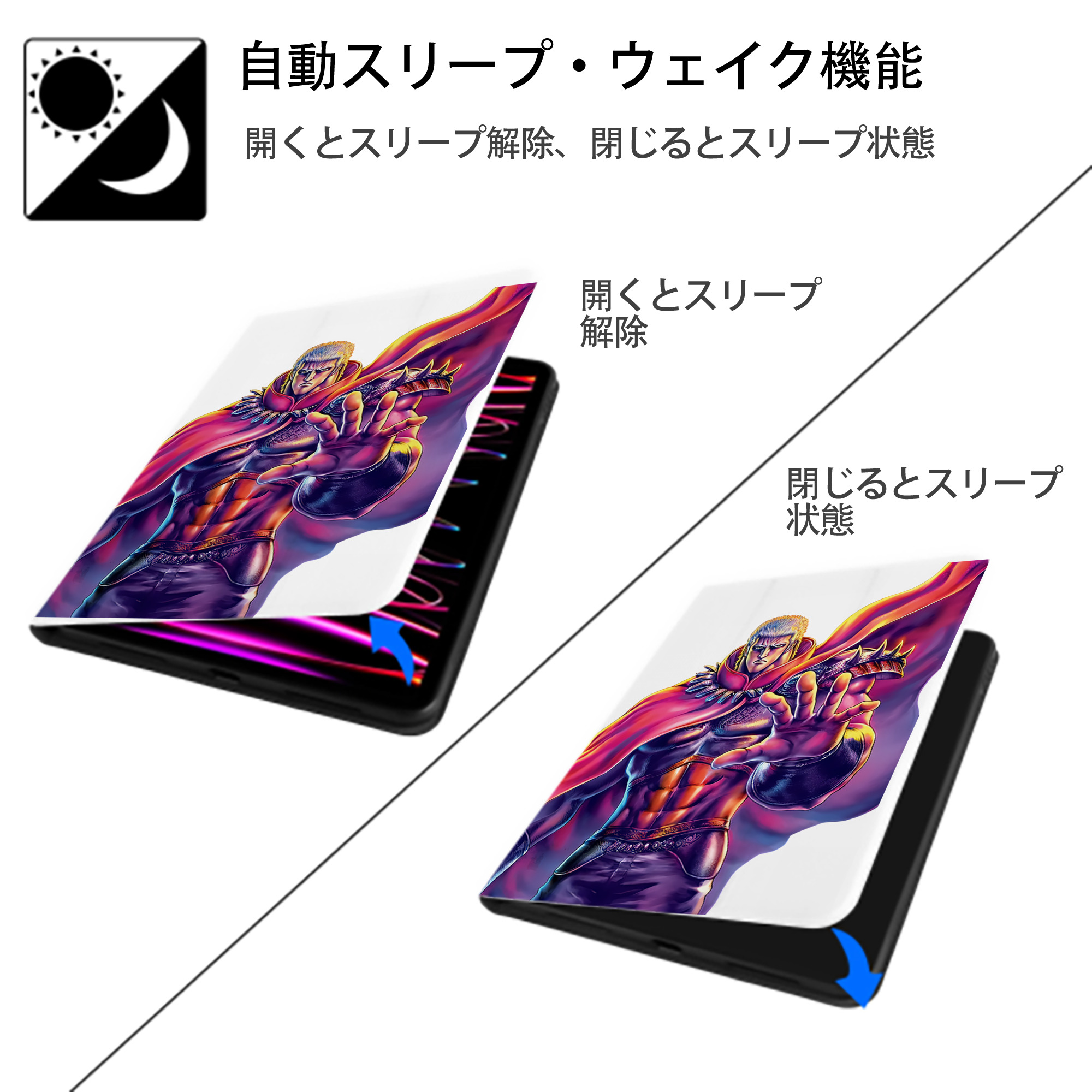 北斗の拳 Fist of the North Star IPad ケース ペン収納付き 三つ折りスタンド PUレザー×シリコン 対応機種9.5/10.5/10.9インチ