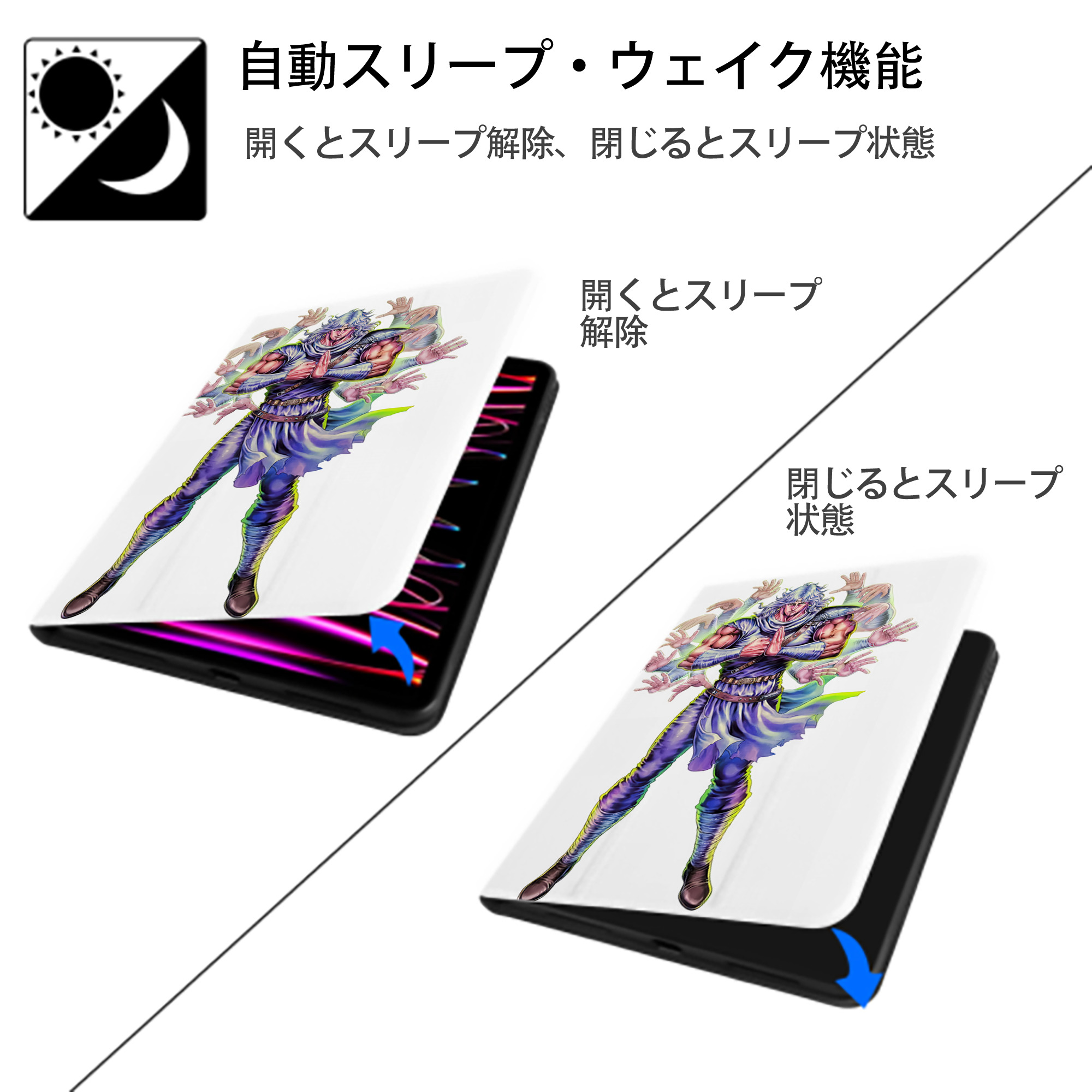 北斗の拳 Fist of the North Star IPad ケース ペン収納付き 三つ折りスタンド PUレザー×シリコン 対応機種9.5/10.5/10.9インチ