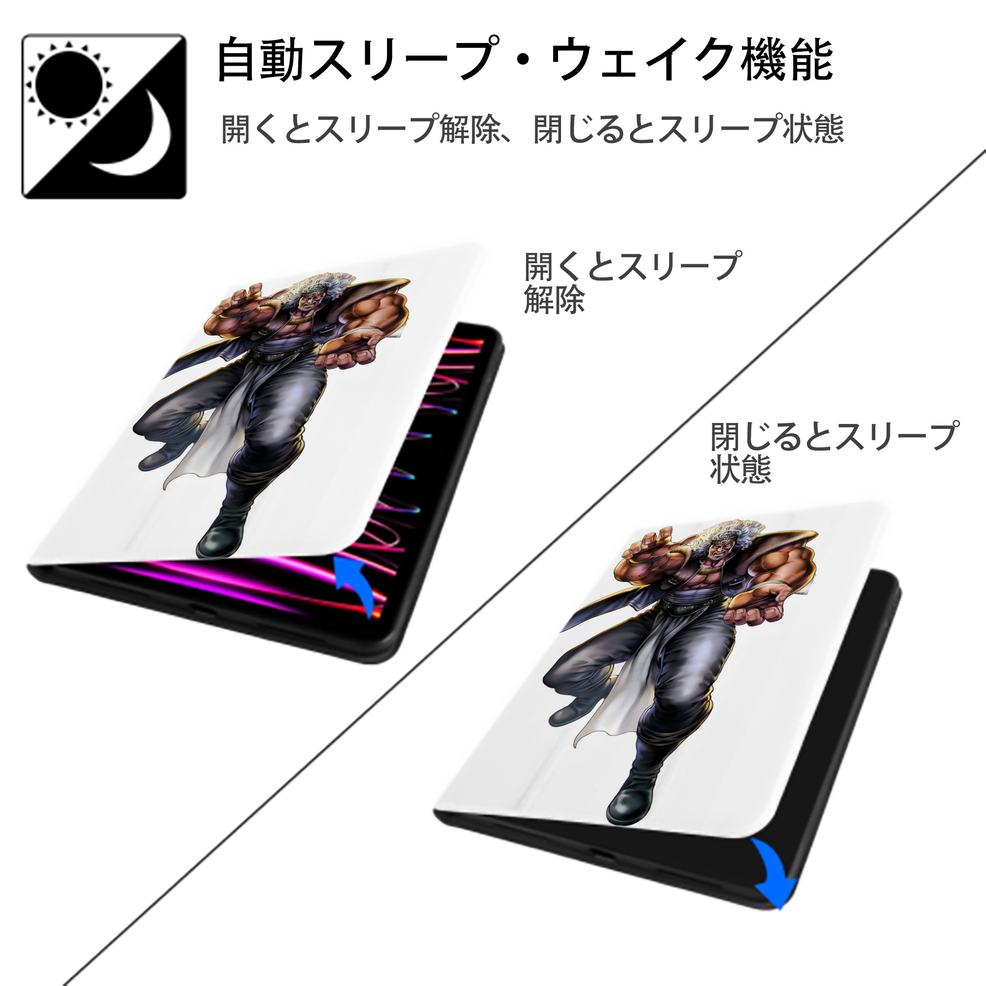 北斗の拳 Fist of the North Star IPad ケース ペン収納付き 三つ折りスタンド PUレザー×シリコン 対応機種9.5/10.5/10.9インチ