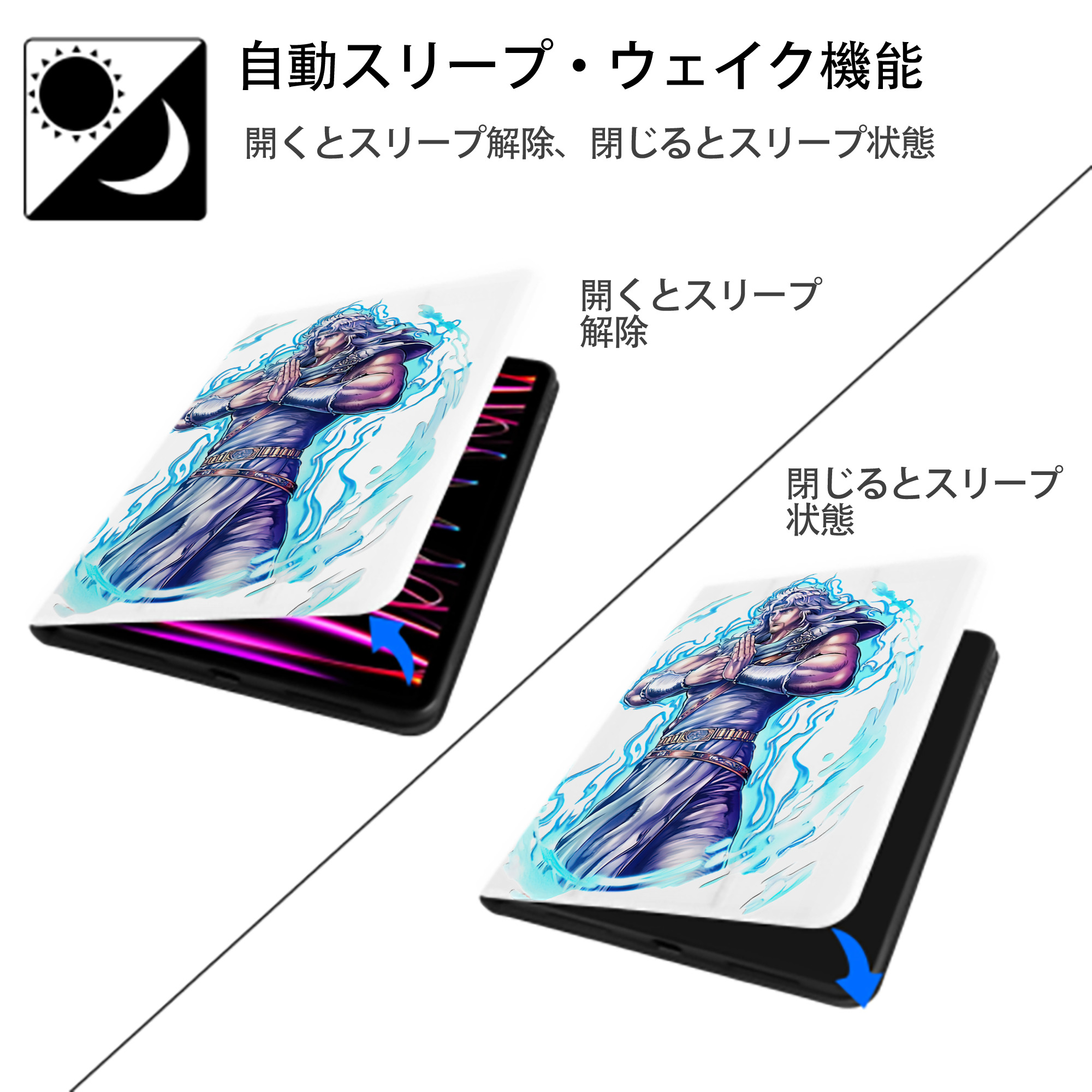 北斗の拳 Fist of the North Star IPad ケース ペン収納付き 三つ折りスタンド PUレザー×シリコン 対応機種9.5/10.5/10.9インチ