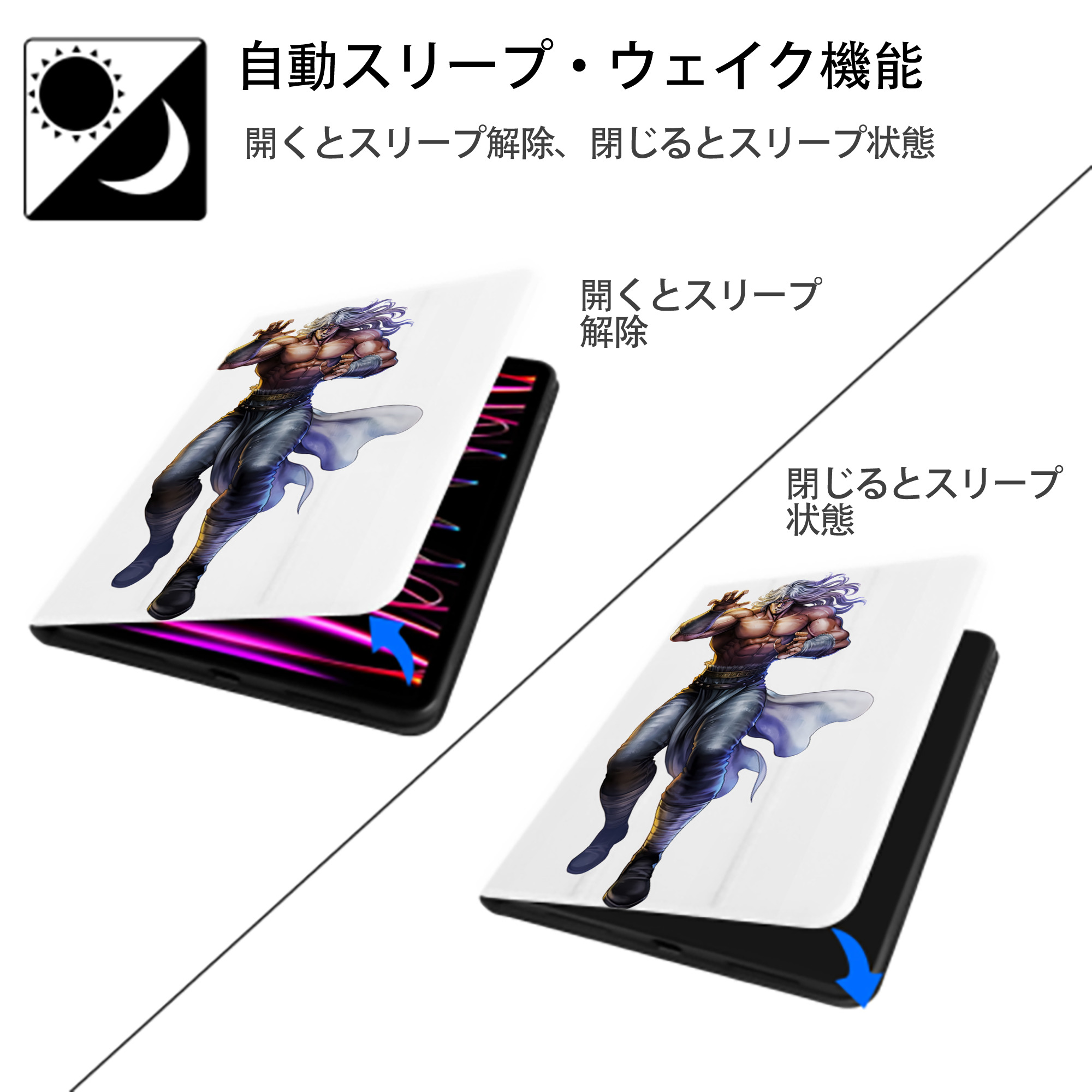 北斗の拳 Fist of the North Star IPad ケース ペン収納付き 三つ折りスタンド PUレザー×シリコン 対応機種9.5/10.5/10.9インチ