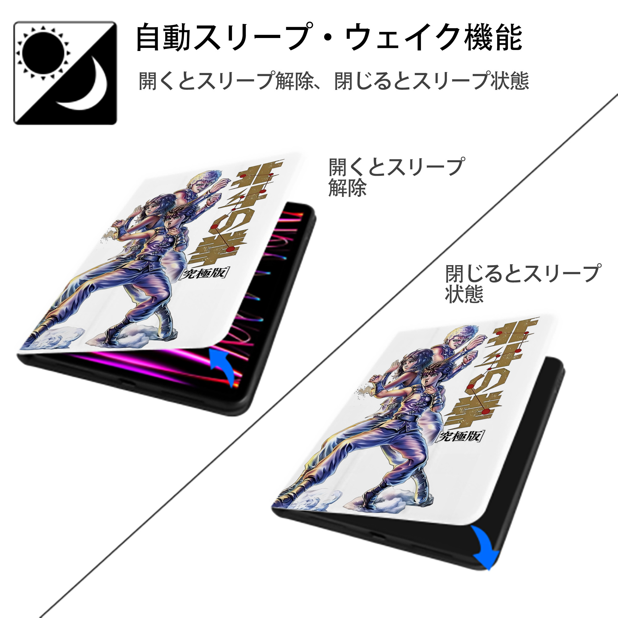 北斗の拳 Fist of the North Star IPad ケース ペン収納付き 三つ折りスタンド PUレザー×シリコン 対応機種9.5/10.5/10.9インチ
