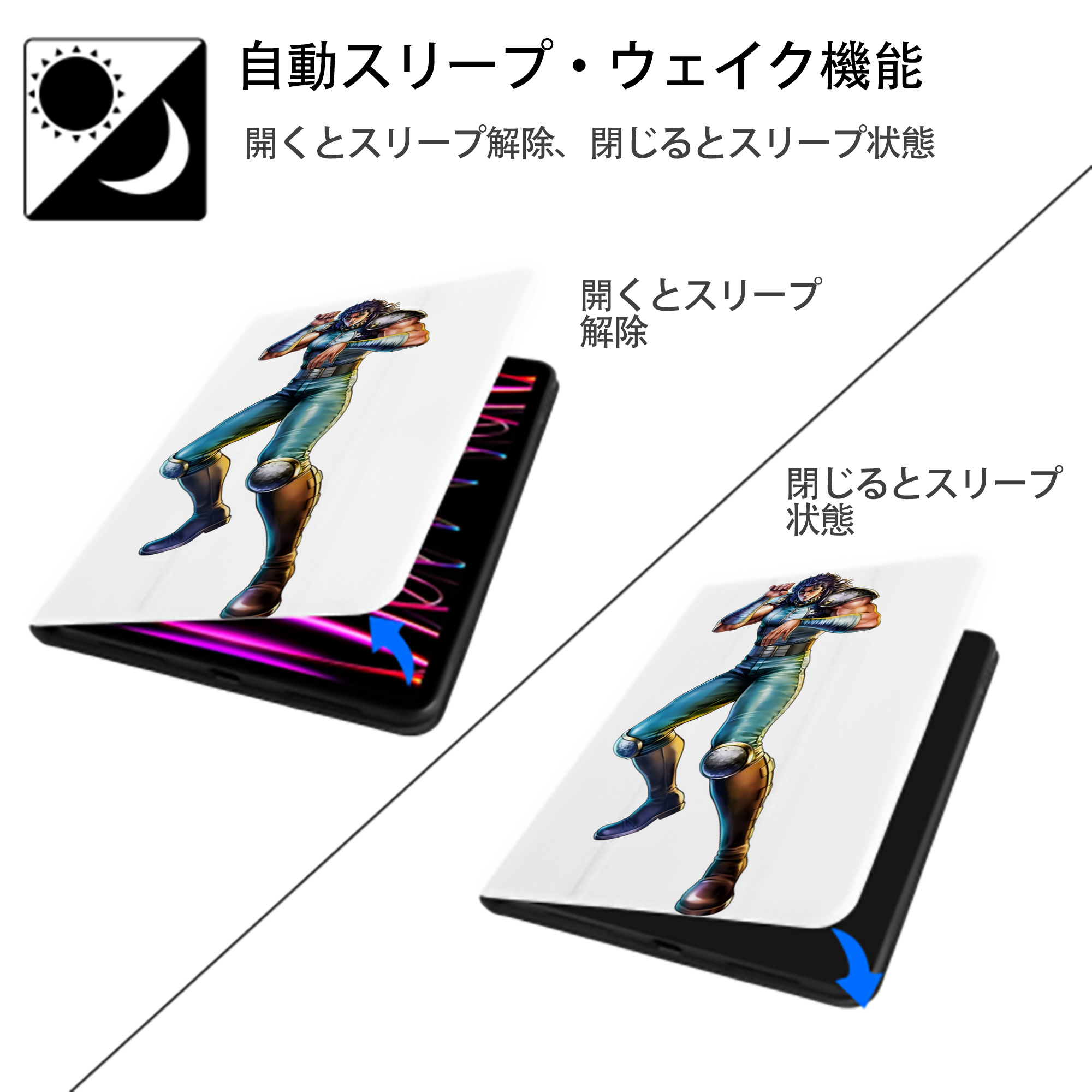 北斗の拳 Fist of the North Star IPad ケース ペン収納付き 三つ折りスタンド PUレザー×シリコン 対応機種9.5/10.5/10.9インチ