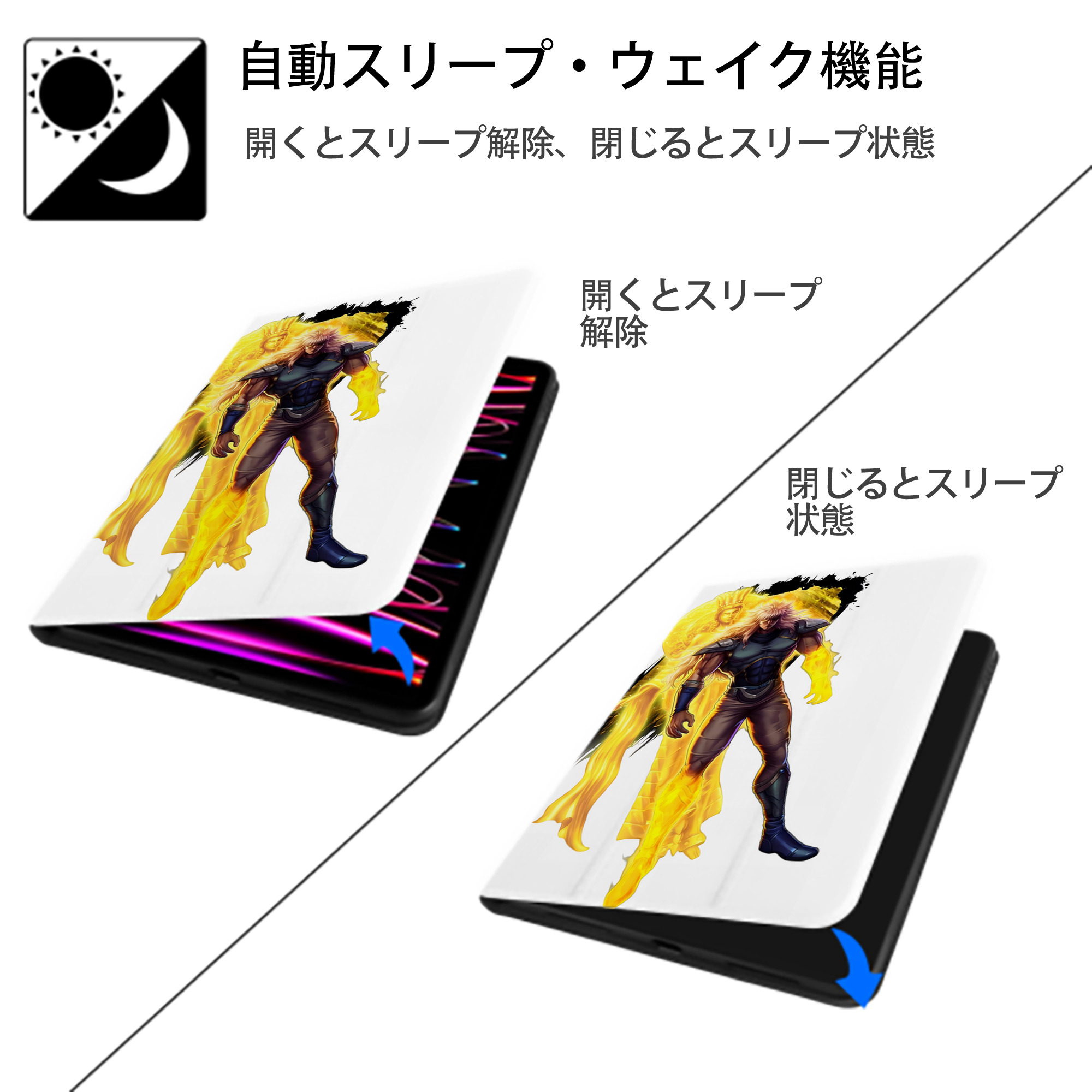 北斗の拳 Fist of the North Star IPad ケース ペン収納付き 三つ折りスタンド PUレザー×シリコン 対応機種9.5/10.5/10.9インチ