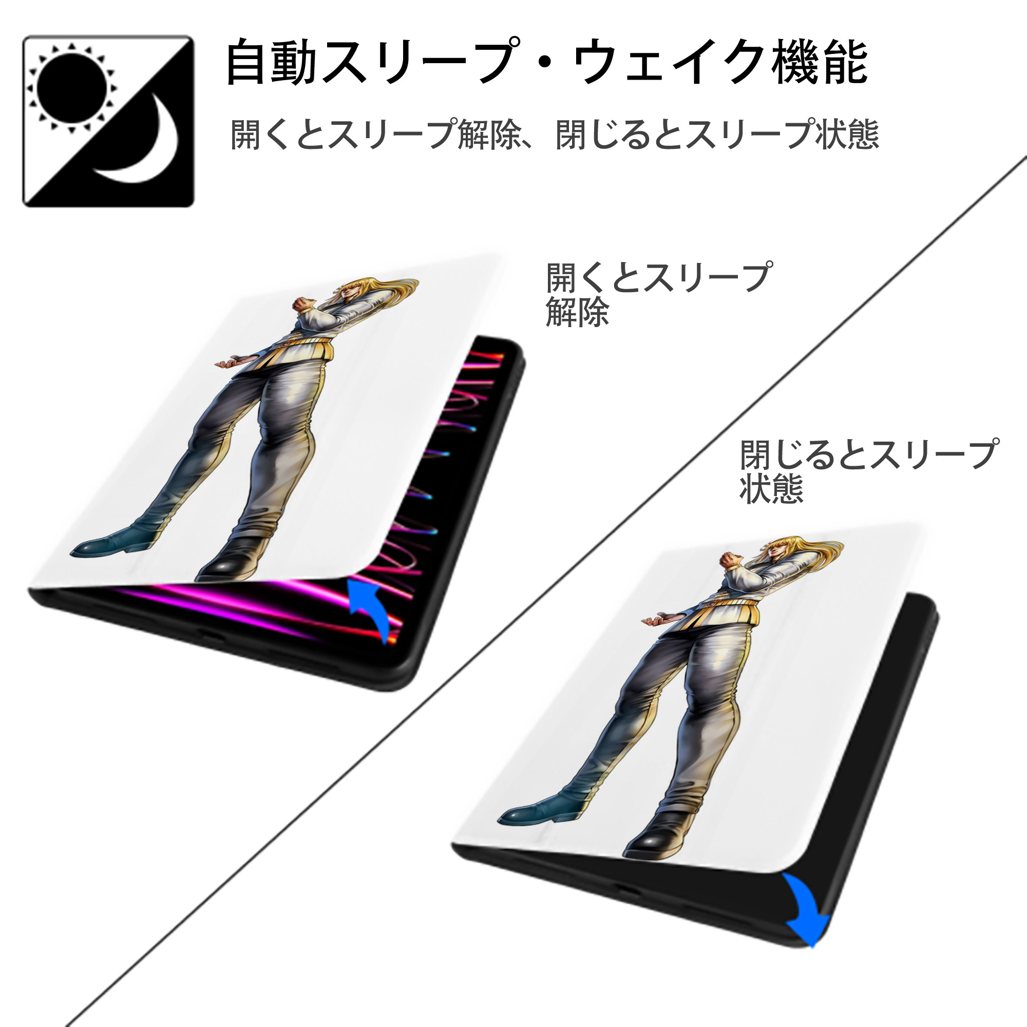 北斗の拳 Fist of the North Star IPad ケース ペン収納付き 三つ折りスタンド PUレザー×シリコン 対応機種9.5/10.5/10.9インチ