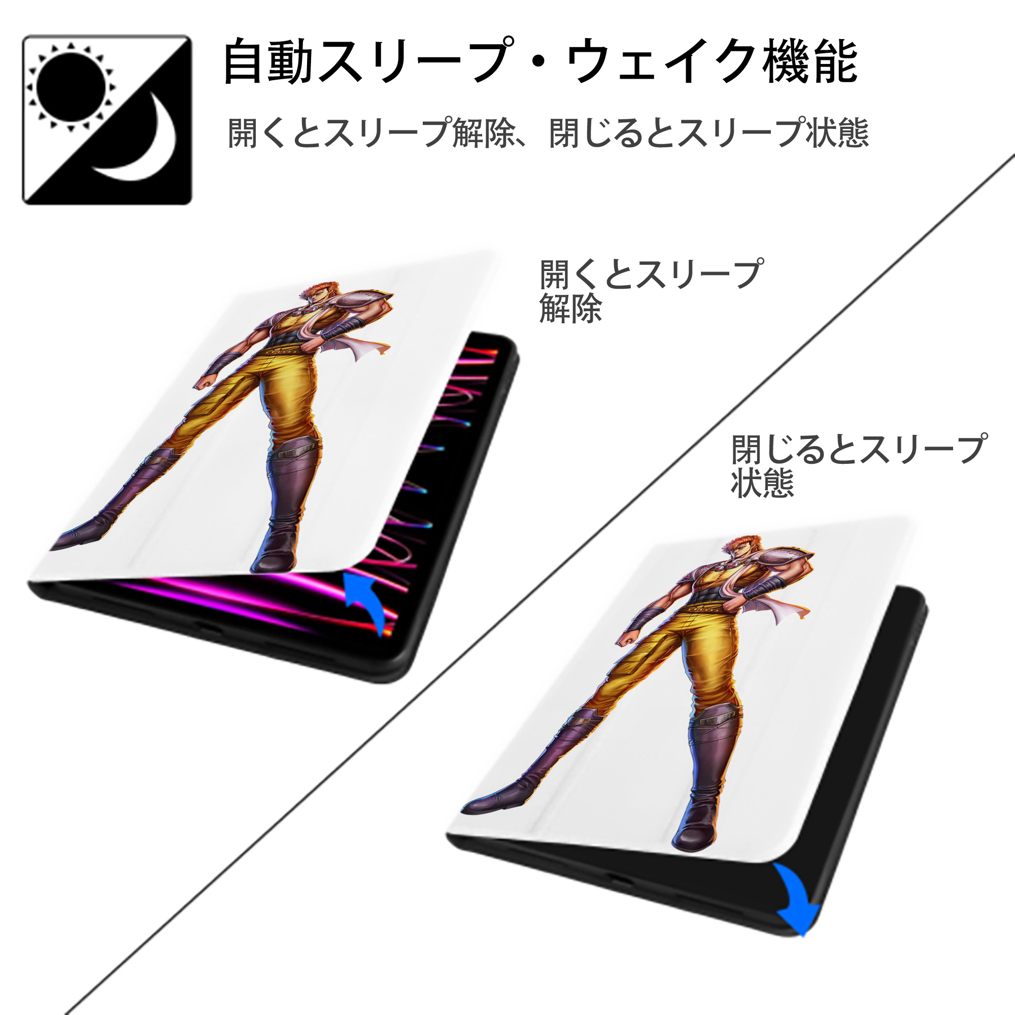 北斗の拳 Fist of the North Star IPad ケース ペン収納付き 三つ折りスタンド PUレザー×シリコン 対応機種9.5/10.5/10.9インチ