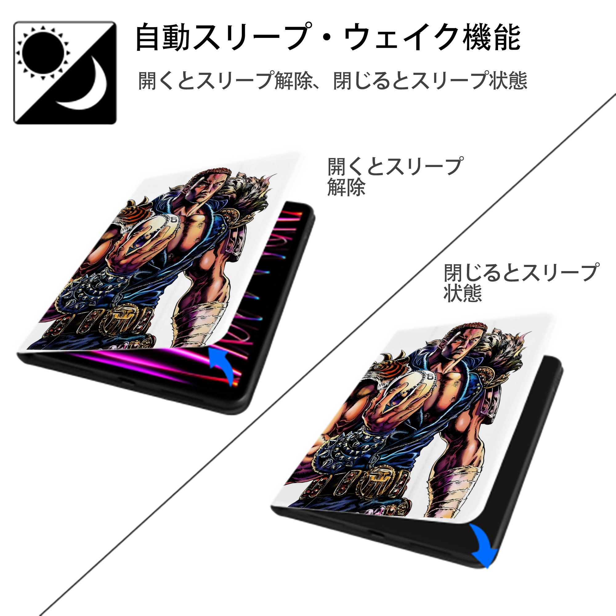 北斗の拳 Fist of the North Star IPad ケース ペン収納付き 三つ折りスタンド PUレザー×シリコン 対応機種9.5/10.5/10.9インチ