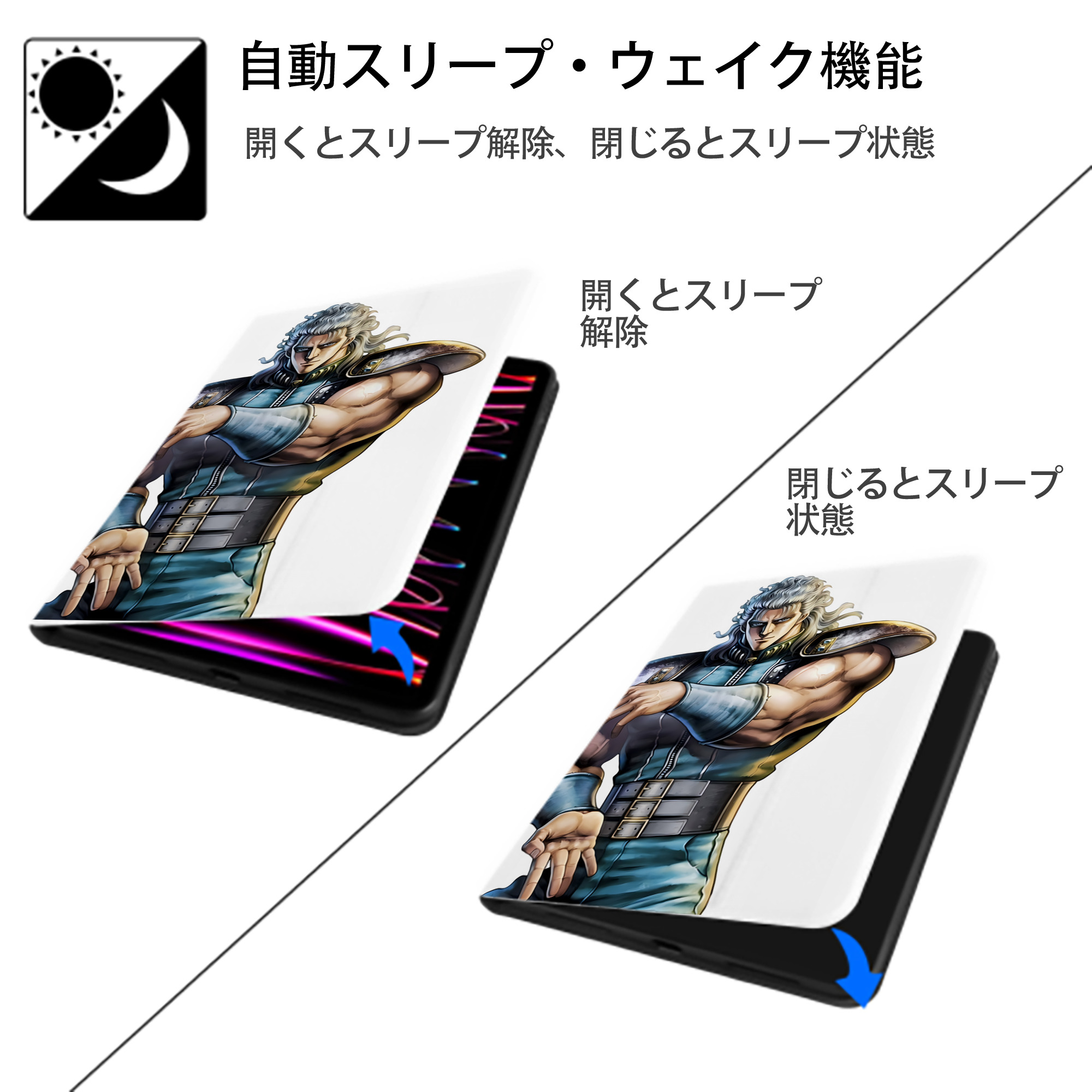 北斗の拳 Fist of the North Star IPad ケース ペン収納付き 三つ折りスタンド PUレザー×シリコン 対応機種9.5/10.5/10.9インチ