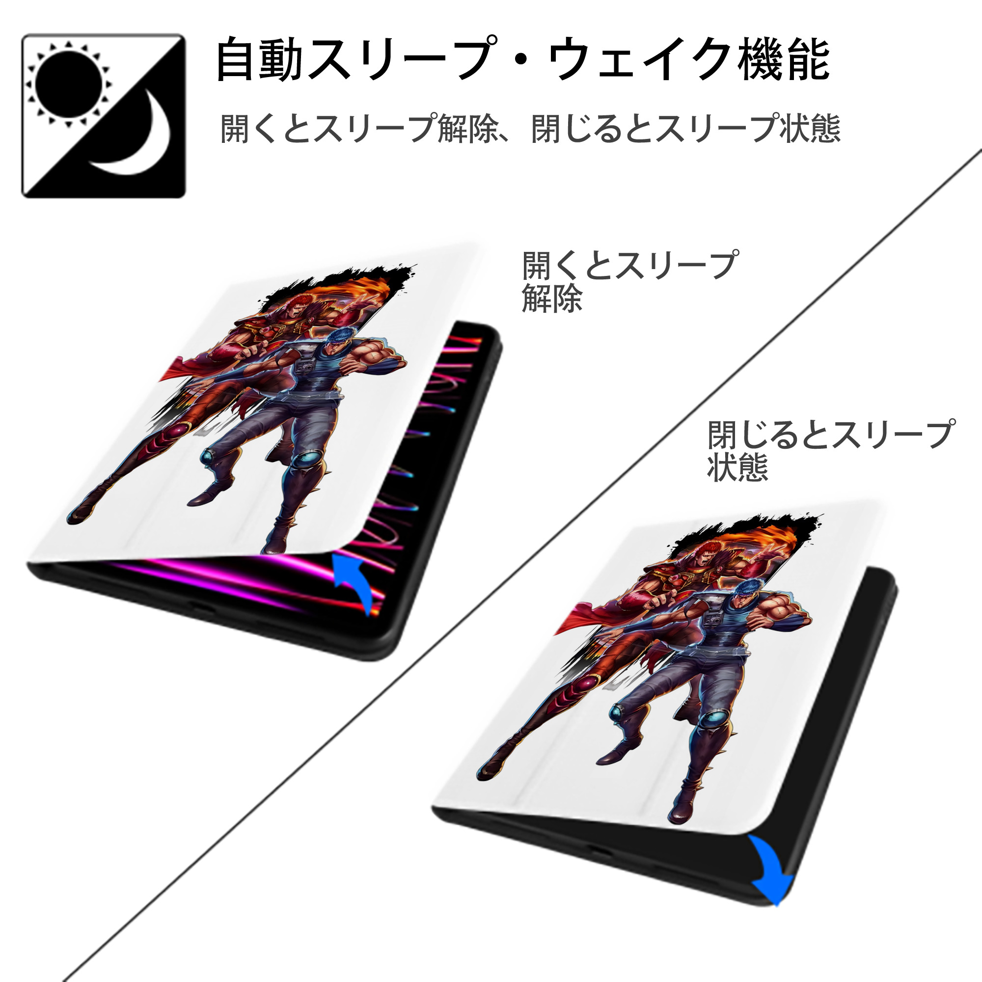 北斗の拳 Fist of the North Star IPad ケース ペン収納付き 三つ折りスタンド PUレザー×シリコン 対応機種9.5/10.5/10.9インチ